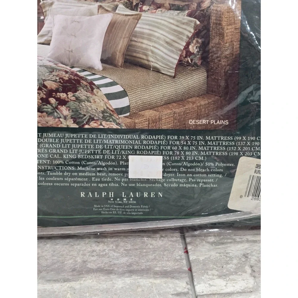 Ralph Lauren Deser Plains Burgundy Red‎ Green Floral Sateen Queen Bed Skirt 15